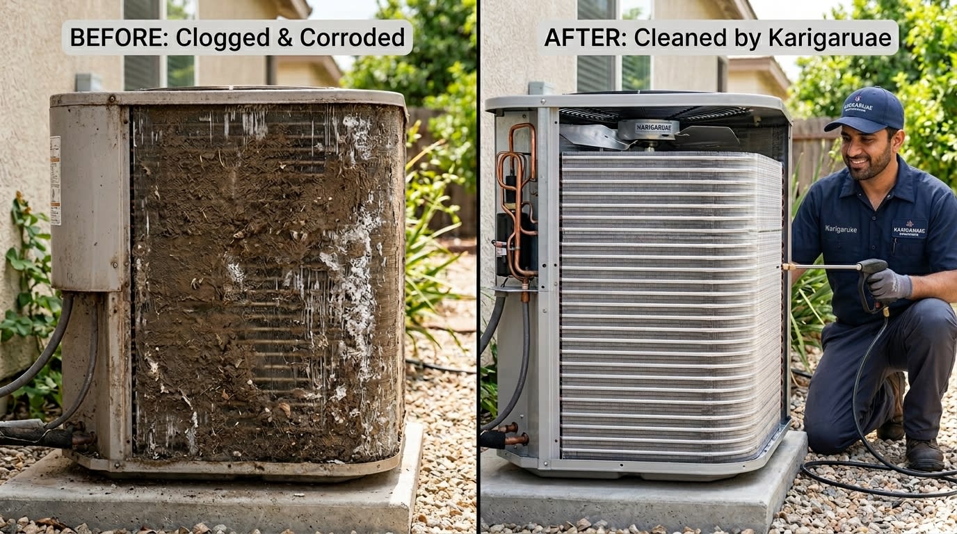 Before and after AC cleaning in Dubai: dirty condenser coil vs professionally cleaned unit showing efficiency difference
