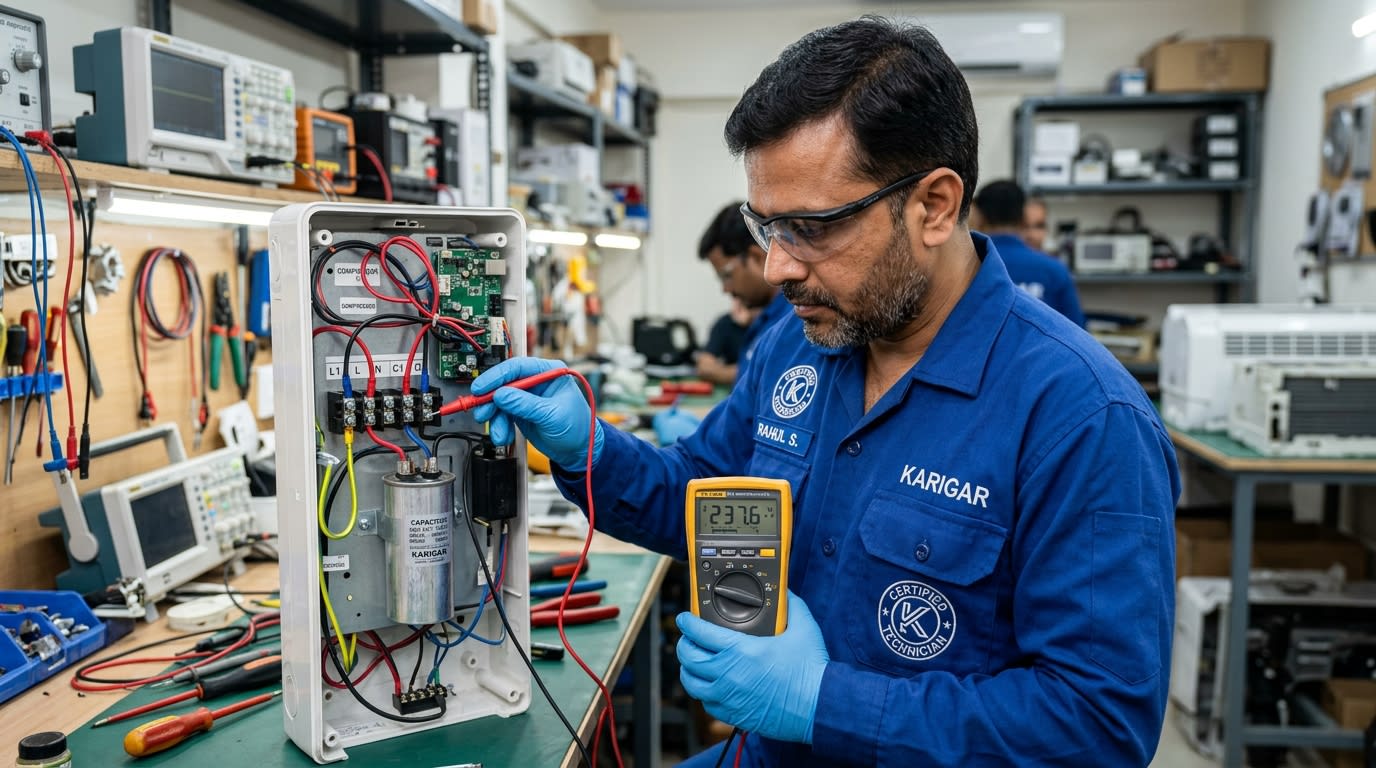Professional AC electrical inspection Dubai technician testing capacitor and connections with diagnostic equipment