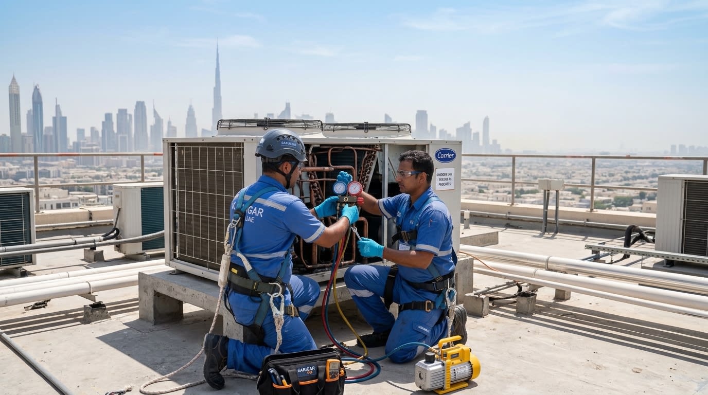 Professional AC installation and maintenance Dubai Karigar UAE team working on an AC unit with full safety equipment
