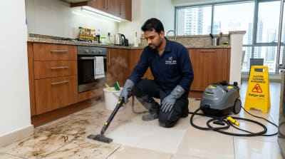 Professional deep cleaning services in Dubai – Karigar UAE technician steam cleaning kitchen tiles