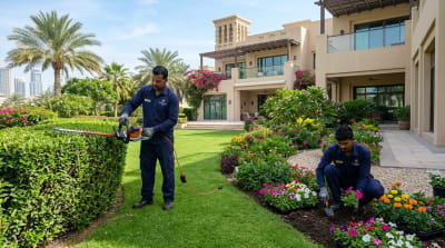 Professional landscaping services in Dubai – Karigar UAE team maintaining a luxury villa garden