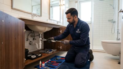 Professional plumbing services in Dubai – Karigar UAE plumber fixing pipes in modern bathroom