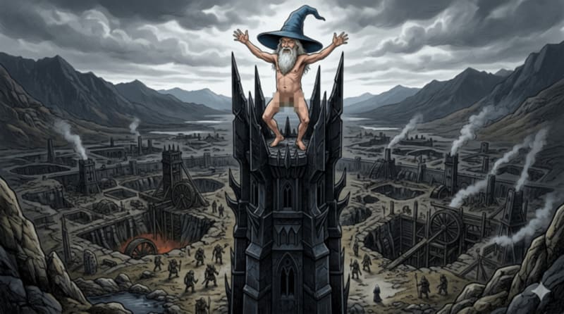 Le mage au chapeau bleu dansant au sommet d'Orthanc