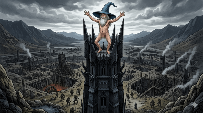 Le mage au chapeau bleu dansant au sommet d'Orthanc