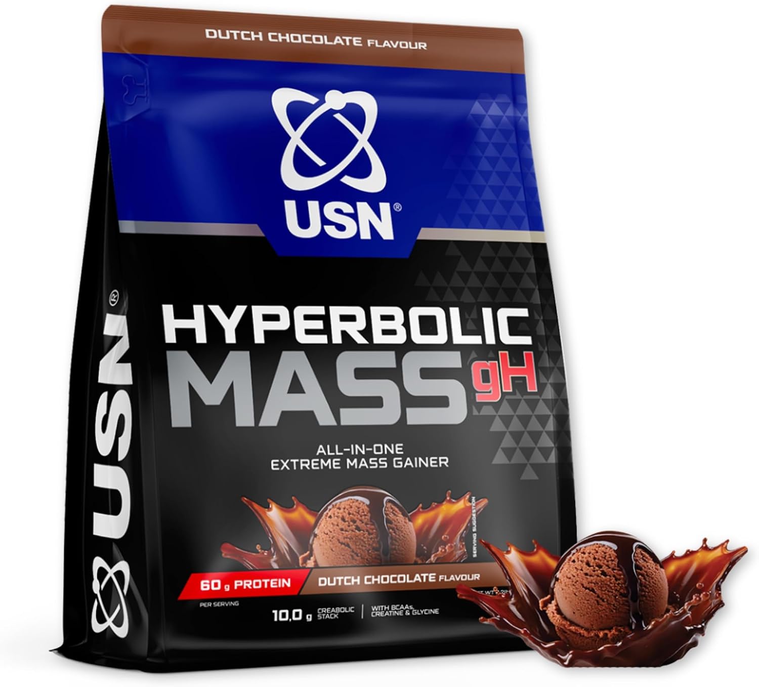 USN Hyperbolic Mass gH All-in-One Mass Gainer | 1 kg - 13 Scoops | Dutch Chocolate | 60 g Protein per Full Serving | BCAAs, Glutamine & Beta-Alanine | Extreme Muscle & Mass Growth for Hard Gainers