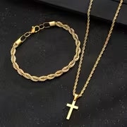 Conjunto de 2 Peças de Pulseira e Colar com Pingente de Cruz em Aço Inoxidável para Homens