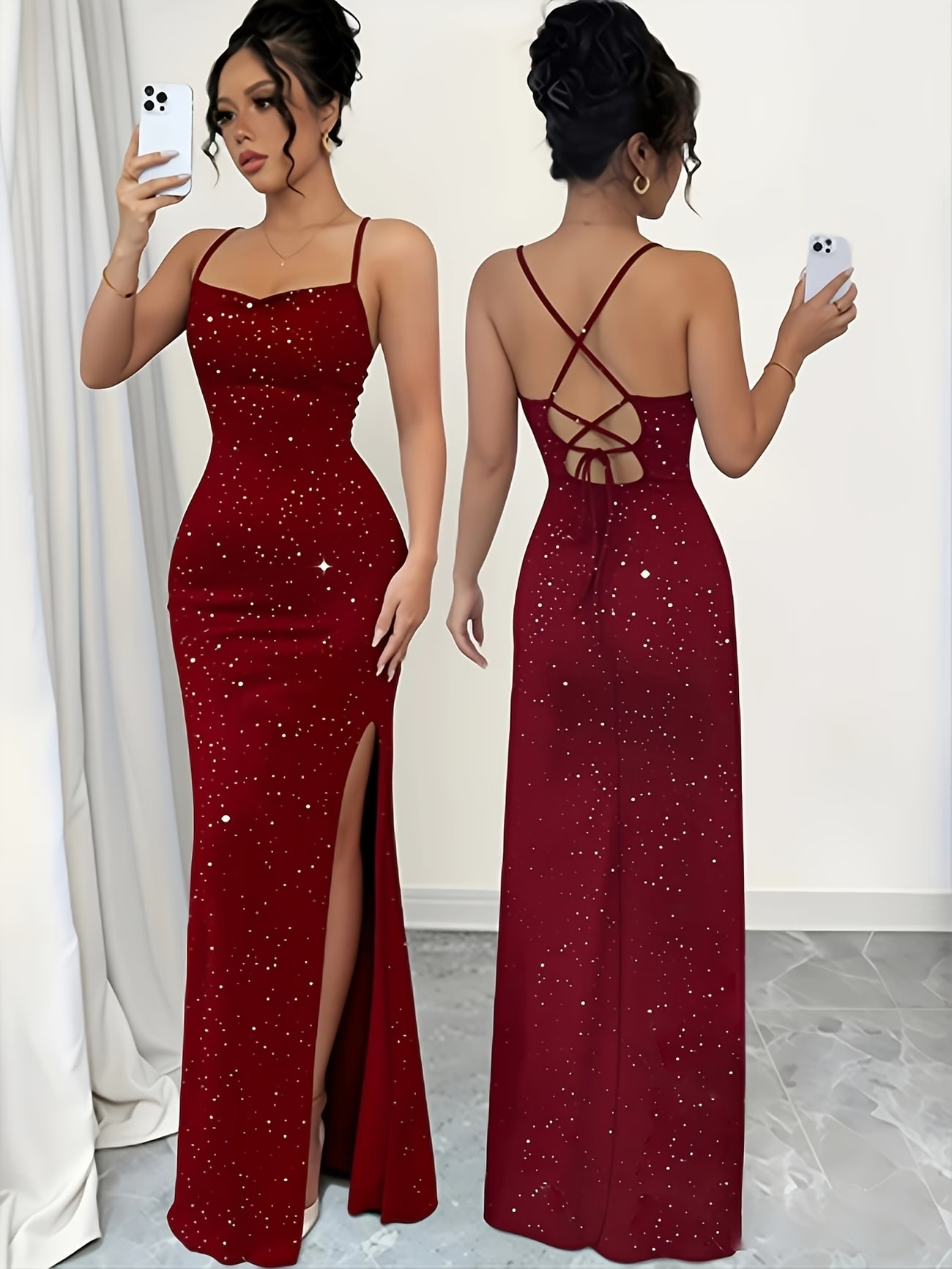 Vestido Longo Elegante de Lantejoulas de Cor Sólida para Mulheres