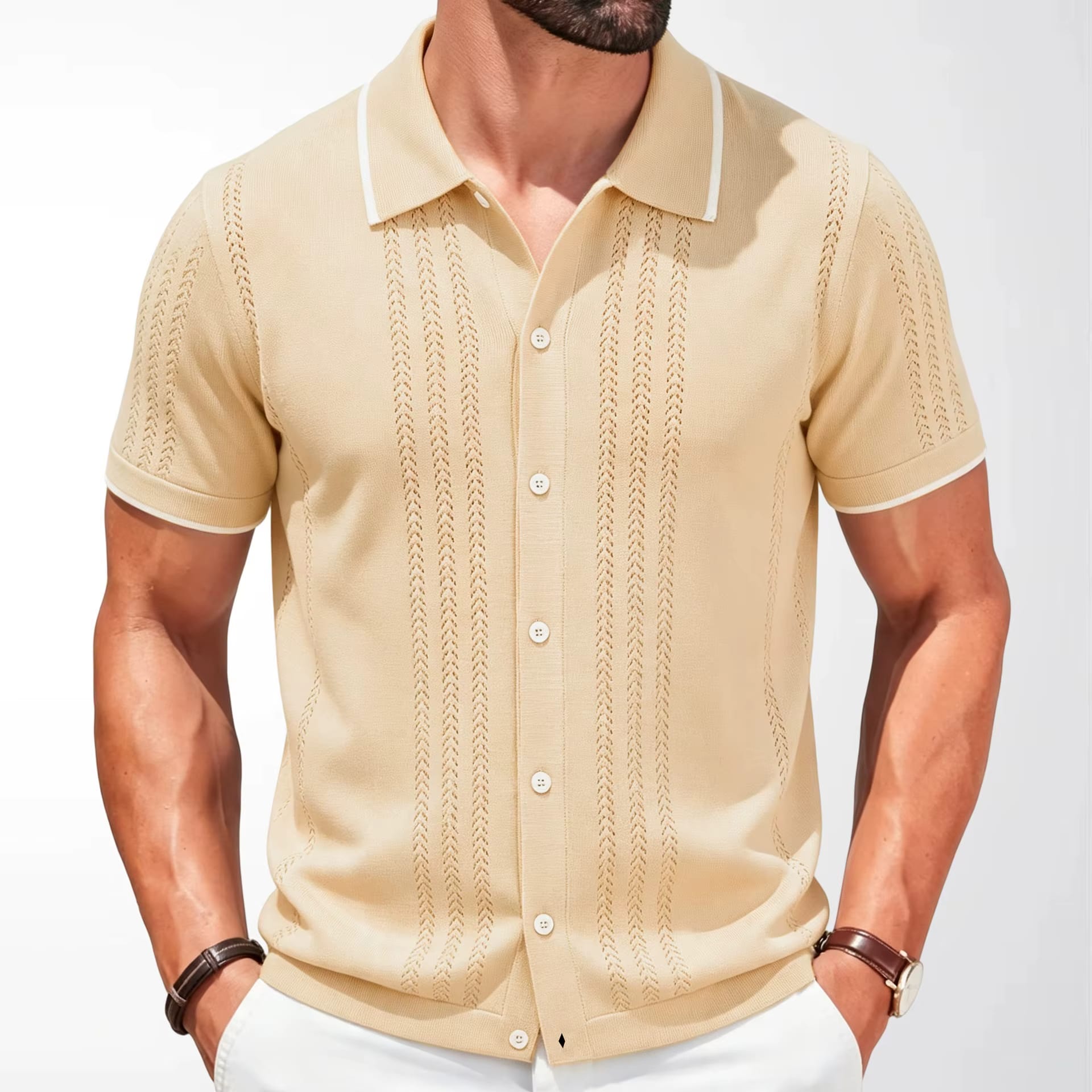 Camisa Polo Masculina de Malha Jacquard com Estampa de Espiga de Trigo e Manga Curta para Negócios