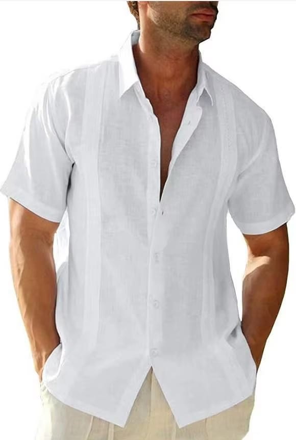 Camisa Masculina Casual Solta de Linho com Bolinhas, Abotoamento Simples, Antirrugas, Respirável, ODM Cuba Guayabera, Manga Curta,