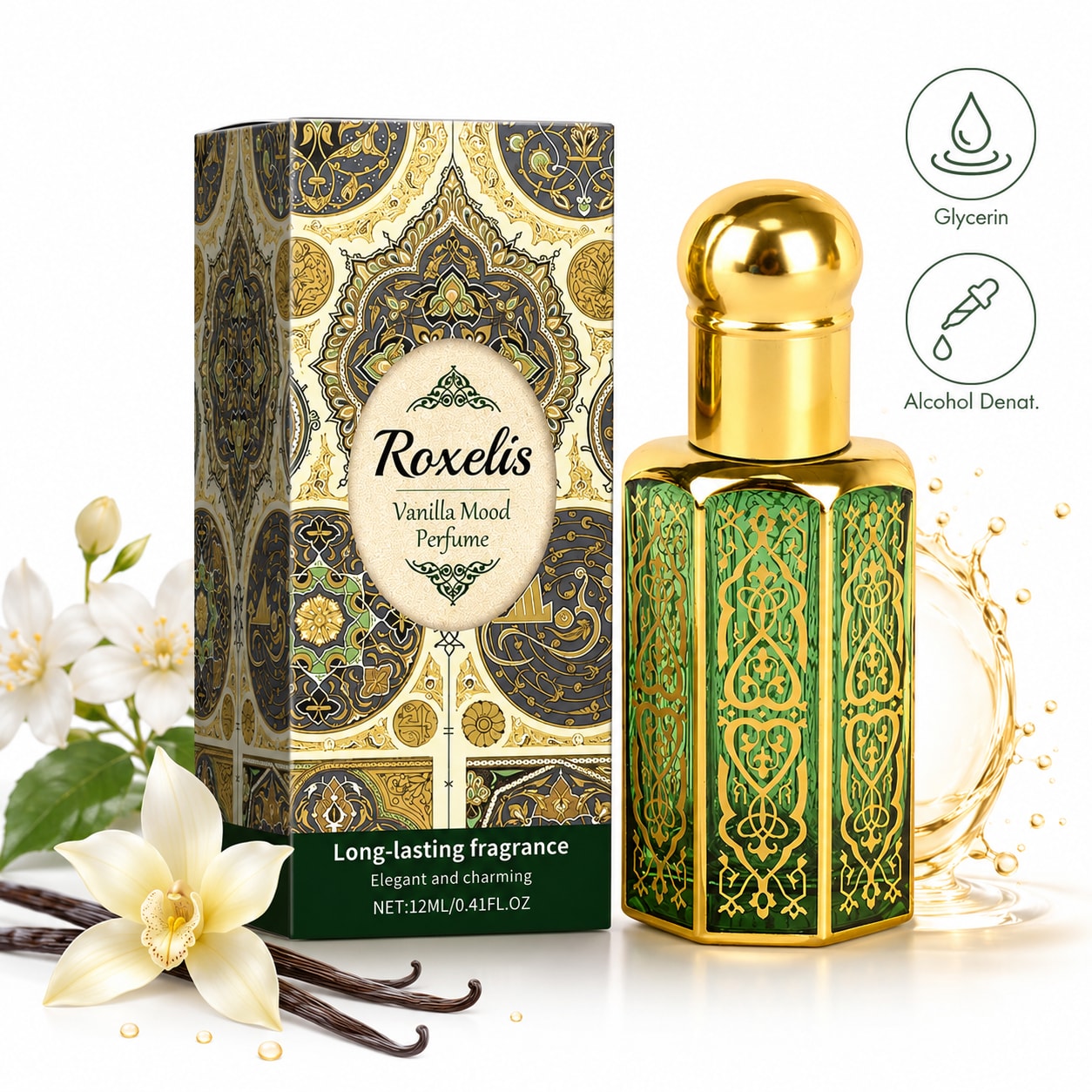 Roxelis Perfume inspirado em fragrâncias árabes, com fragrância de baunilha delicada, suave e de longa duração que exala charme, portátil, para venda por atacado em grandes quantidades Sem avaliações