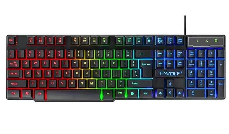 Teclado USB com fio, preço de fábrica, preto, T- Wolf, com suporte a OEM, retroiluminação colorida e teclas multifuncionais, 104 teclas, para trabalho