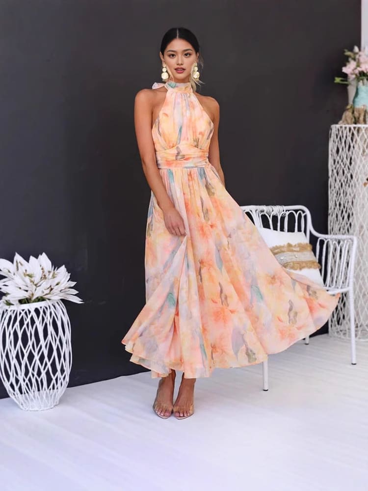 Vestido longo boêmio floral impressão casual para o verão