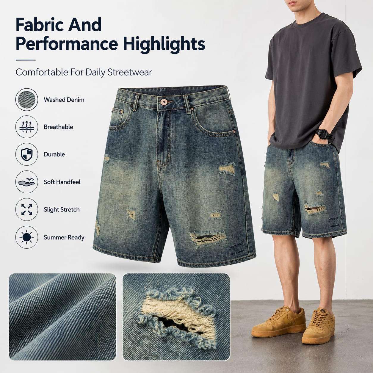 Shorts Jeans Masculinos Vintage Respiráveis