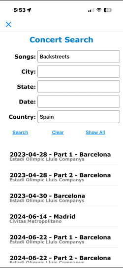 Concert Search interface