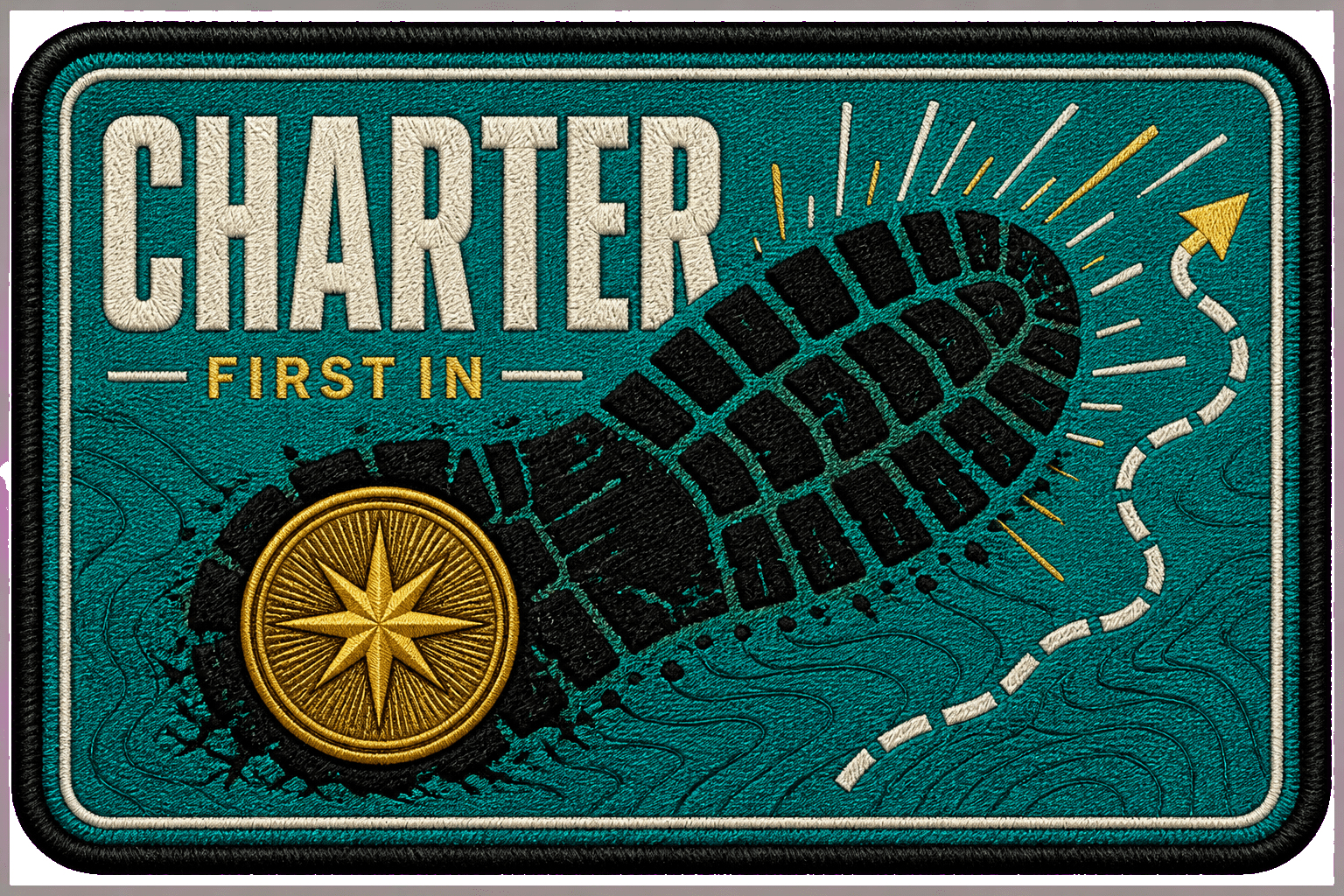 The Charter patch: a boot print with a brass coin in the heel, lettered FIRST IN.
