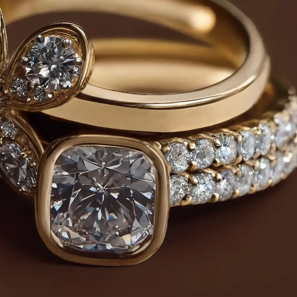 Close-up of a gold ring stack: a cushion-cut diamond in a gold rim, next to a band of small diamonds held by gold prongs