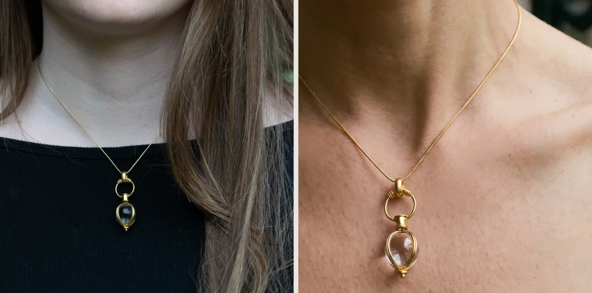 Left: a gold pendant with a clear crystal, in the founder's own photo against a black top. Right: the same pendant in the finished image, worn on bare skin