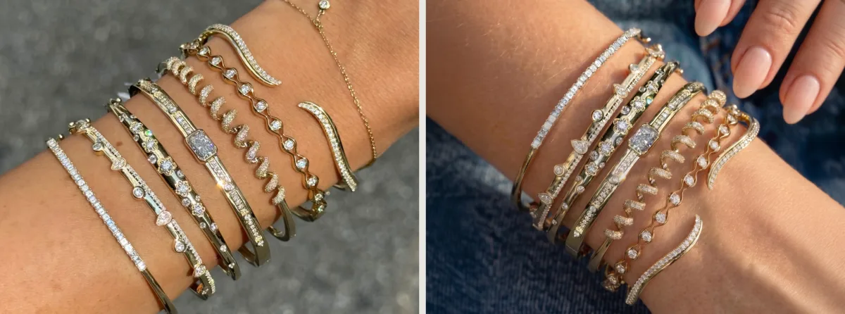 Left: a stack of gold and diamond bangles on a wrist in the brand's own outdoor photo. Right: the same bangles in the finished image, on a wrist over denim