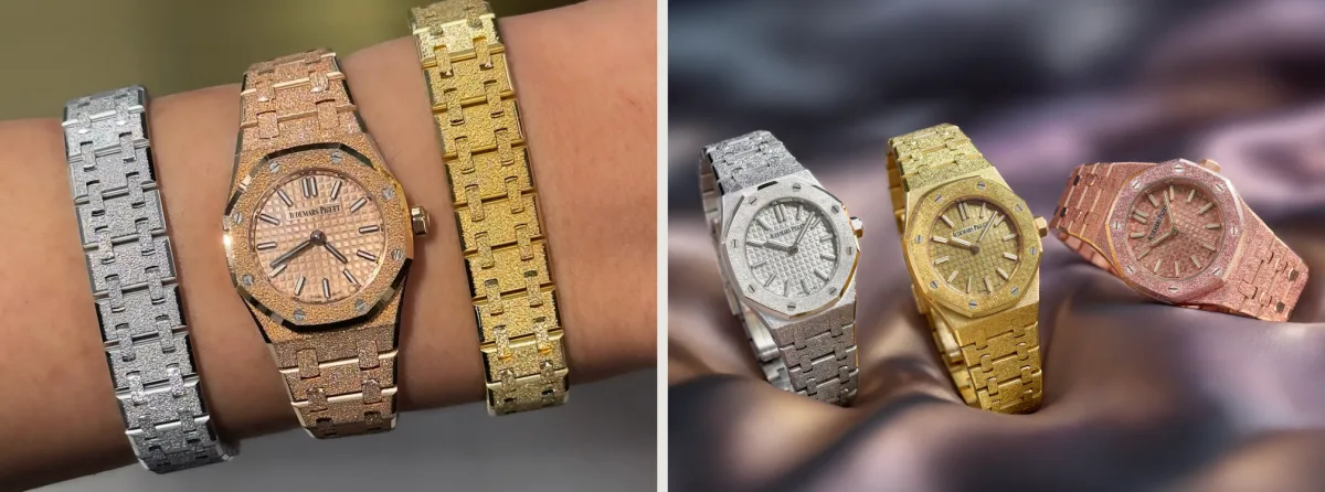 Left: three textured watches in steel, yellow gold and rose gold on a wrist in the brand's own photo. Right: the same three watches standing in draped satin