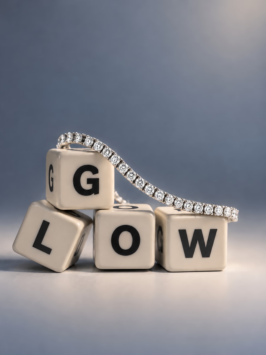 Diamond tennis bracelet draped over cream letter cubes spelling GLOW