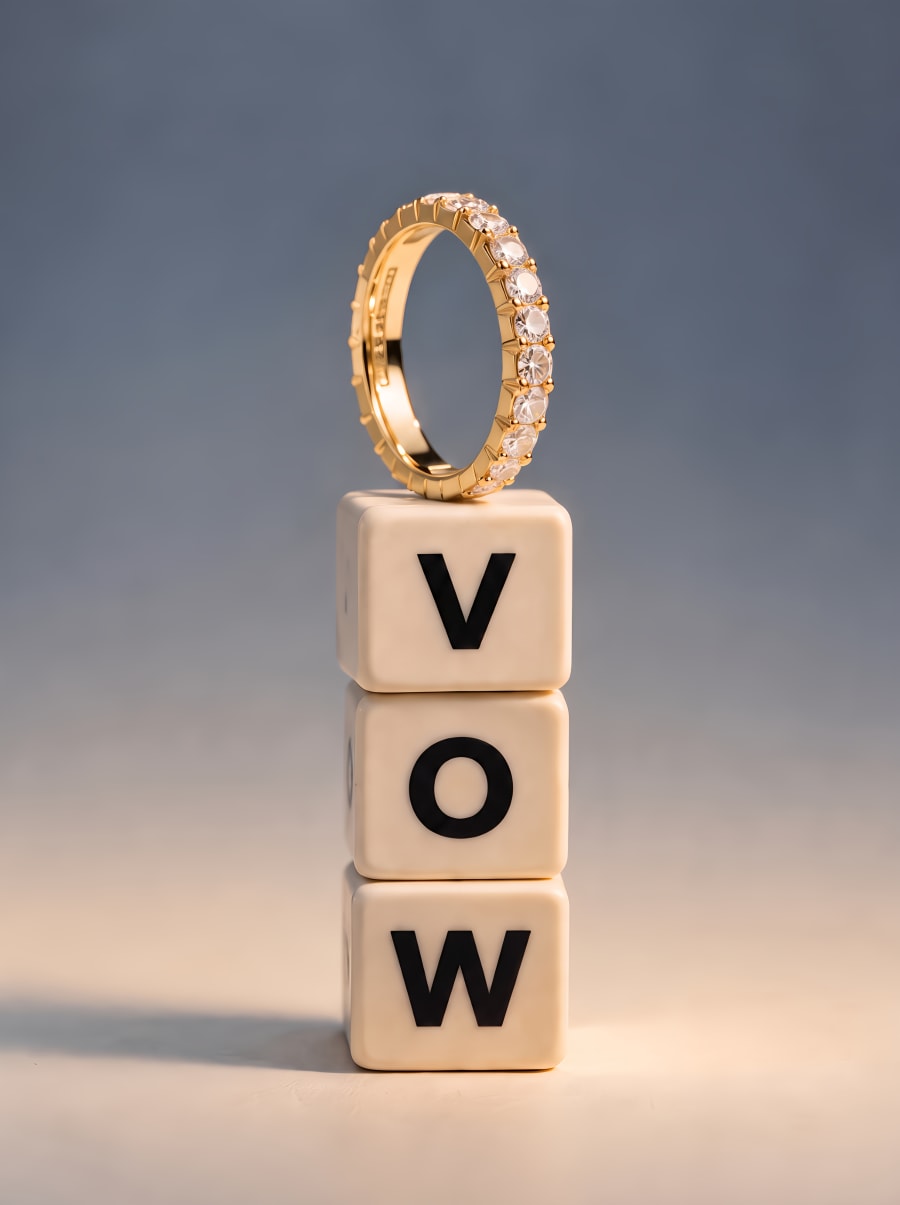 Gold diamond eternity band on cream letter cubes spelling VOW