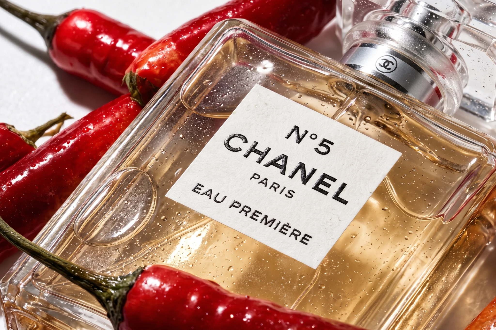 Perfume among red chilies Creative product photography example: a perfume bottle lying among glossy red chili peppers, water drops on the glass