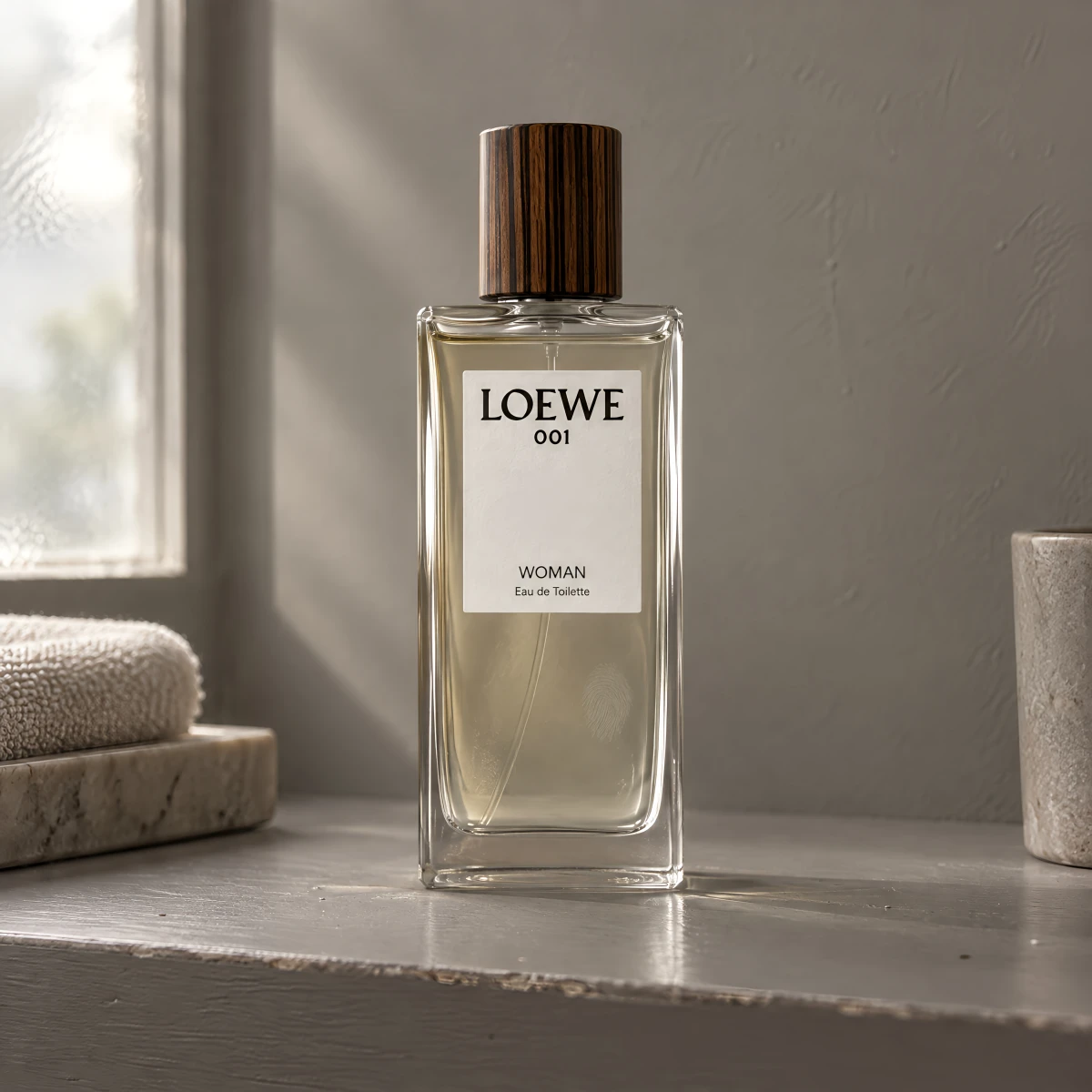 Perfume bottle photography setup: soft window backlight, label lit by a white card, two thin vertical highlights