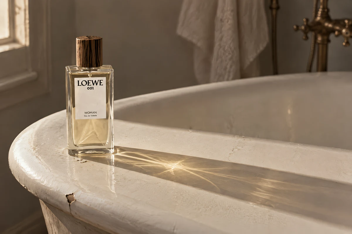 Perfume bottle on the rim of a white enamel bathtub, low sun throwing a long gold shadow through the liquid