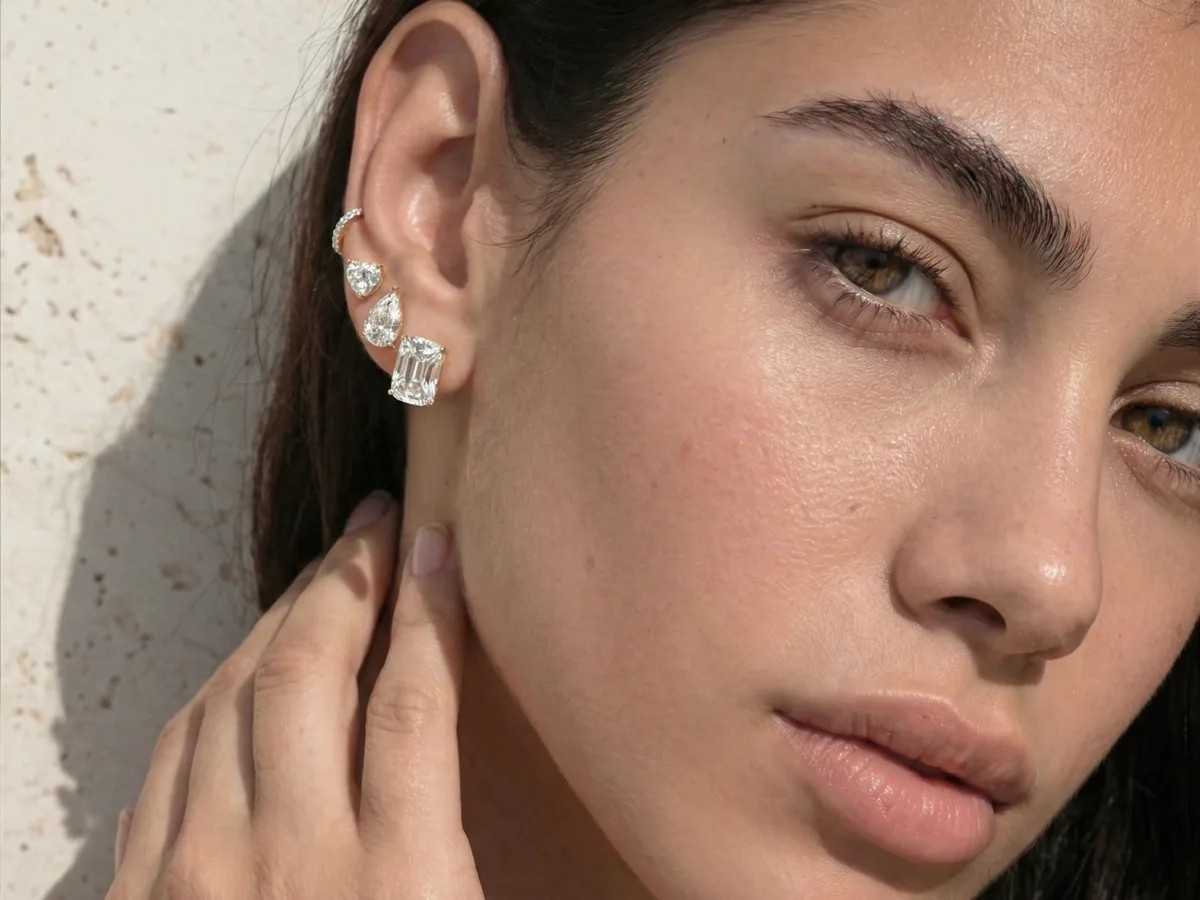 A woman wearing a diamond ear cuff and stud, her hand at her neck, in warm light