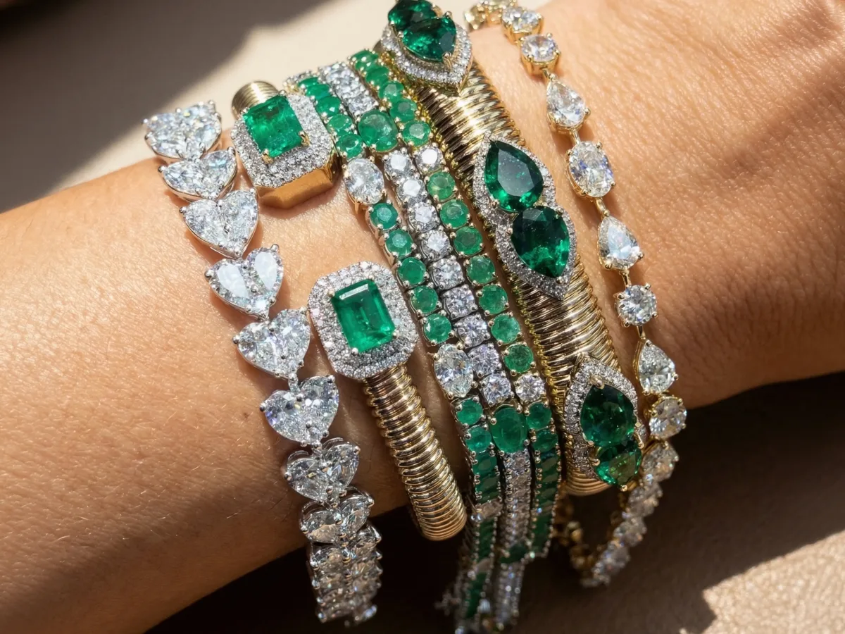 A stack of gold bracelets set with emeralds and diamonds on a wrist in sunlight