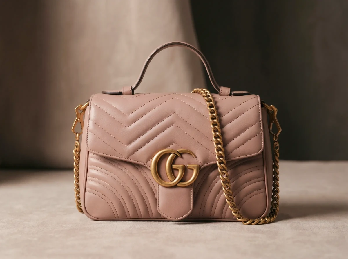 A pink quilted leather handbag with a gold chain on a stone floor, top handle raised toward the camera