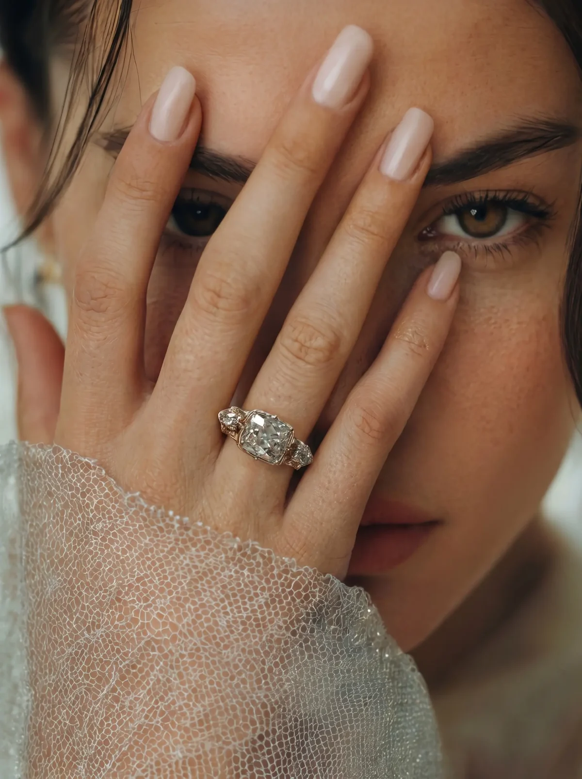 A woman covers one eye with her hand, a diamond ring on her finger and a sheer sleeve at her wrist