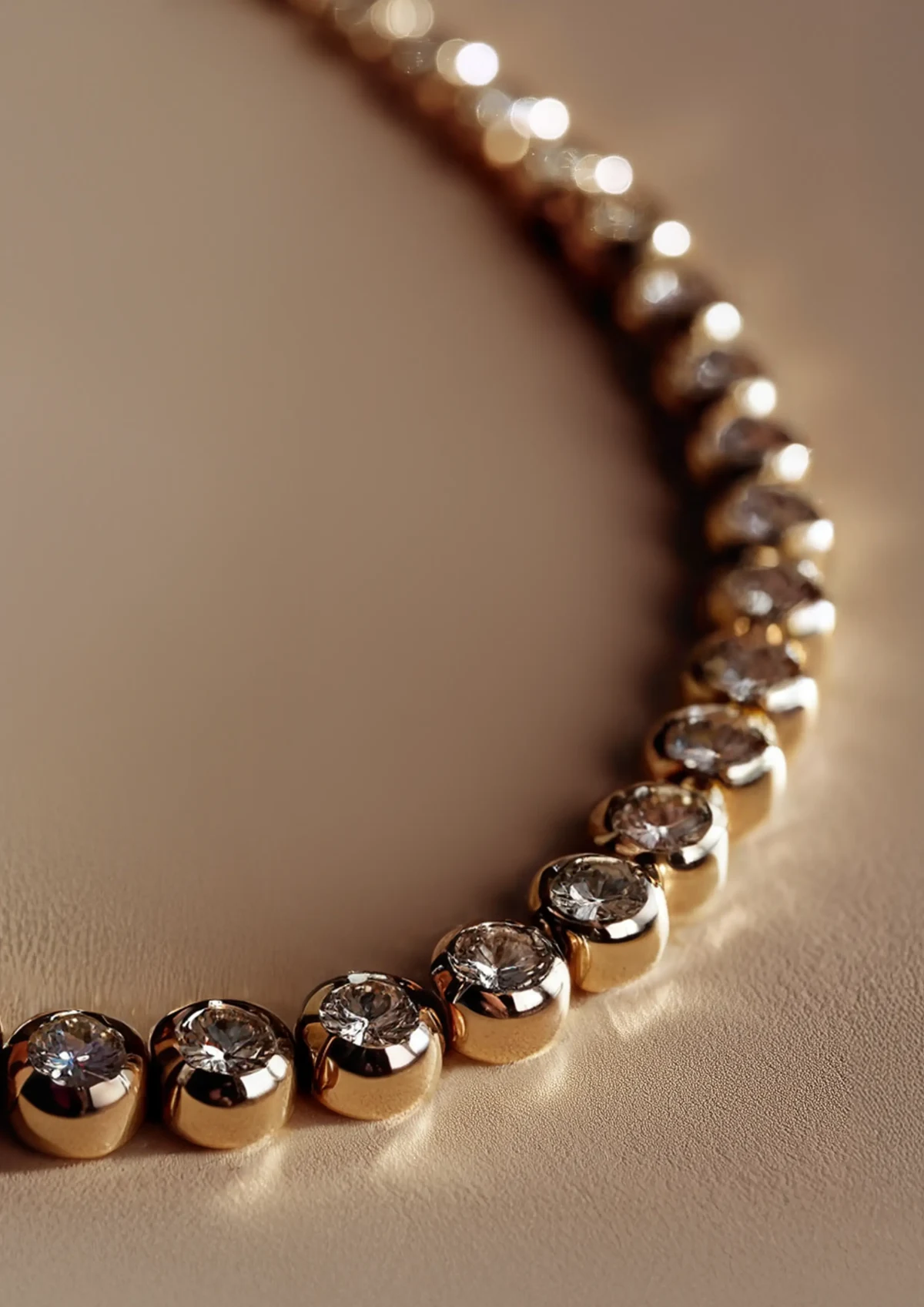 Close-up of a gold tennis necklace, each round diamond set in a polished gold bezel