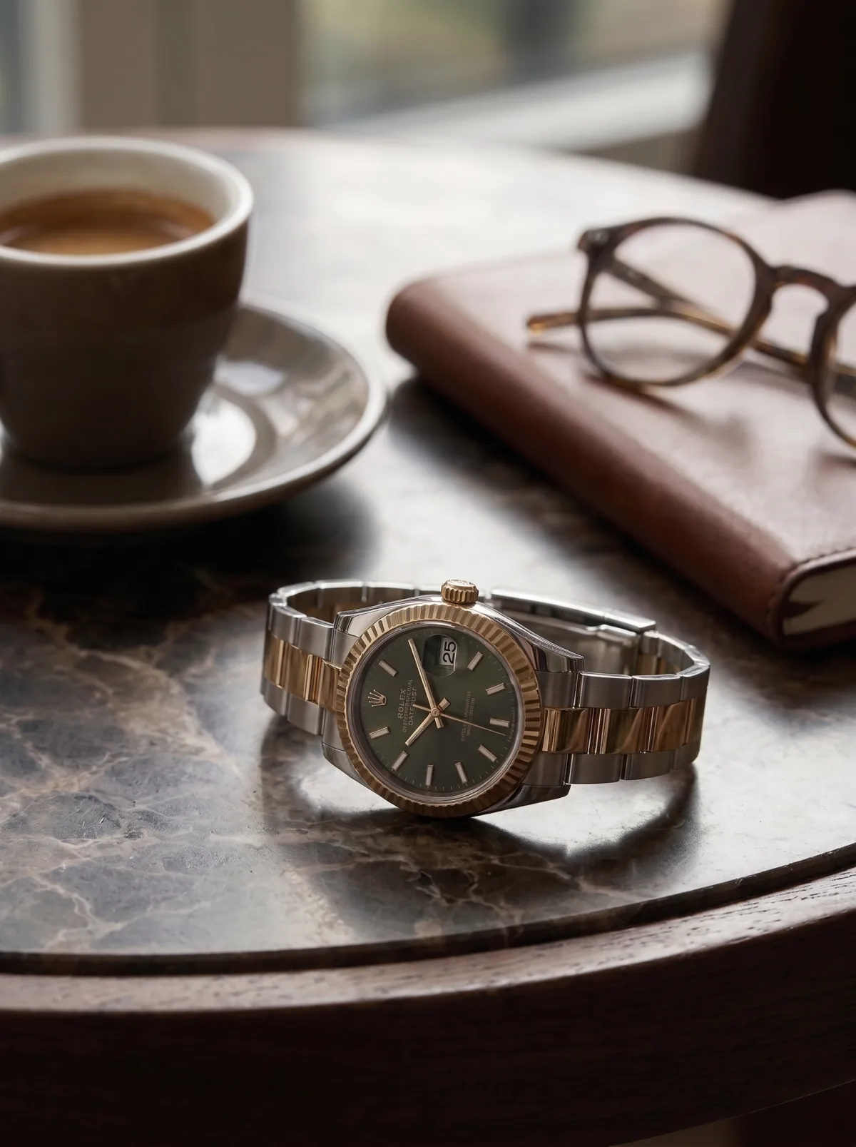 A two-tone watch with a green dial on a marble cafe table beside an espresso, a leather notebook and glasses