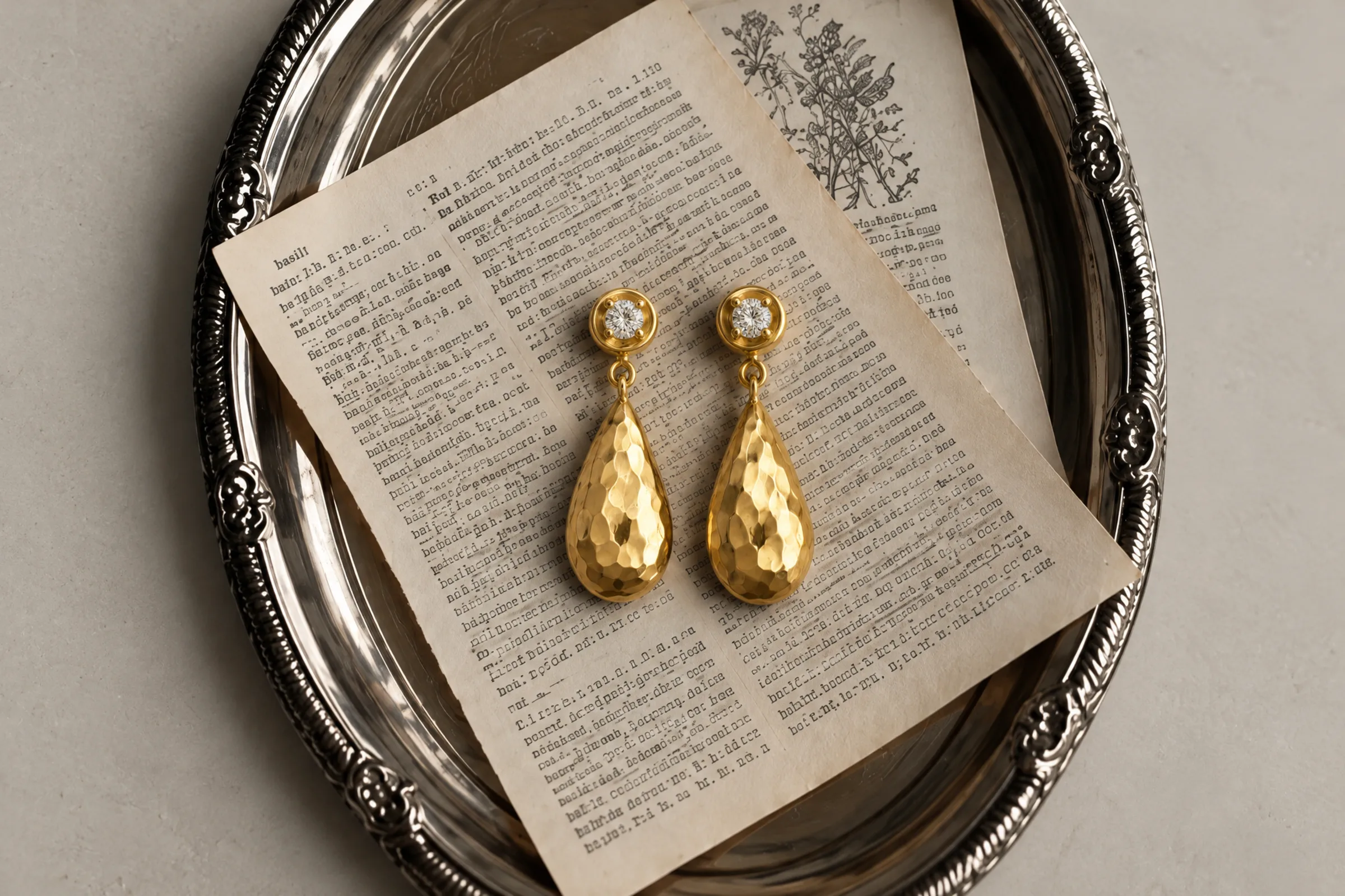 A matched pair, lined up Earring photography: a matched pair of gold hammered teardrop earrings with diamond tops on a silver tray
