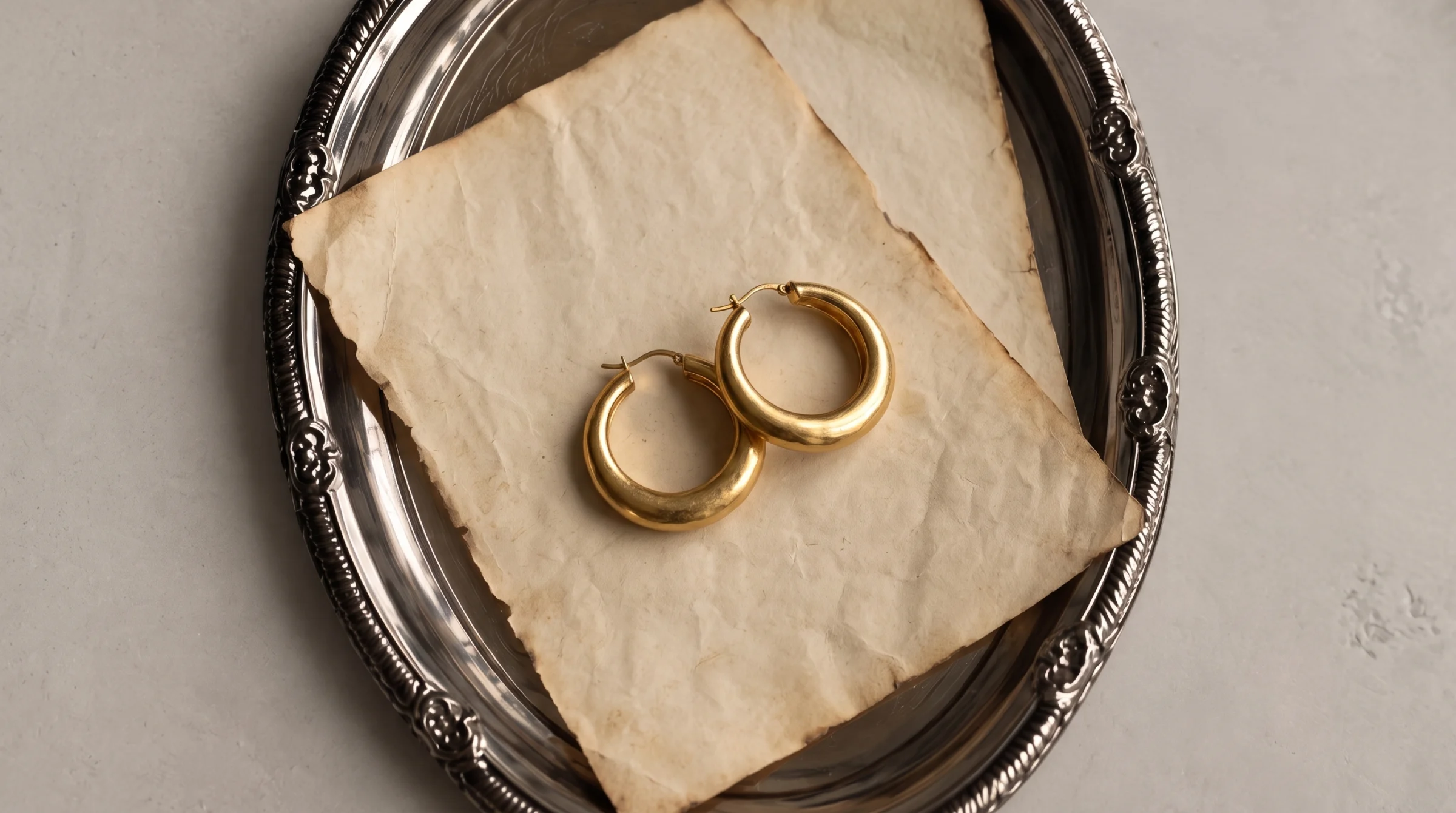 Earring photography: a pair of chunky gold hoop earrings on aged paper in an antique silver tray