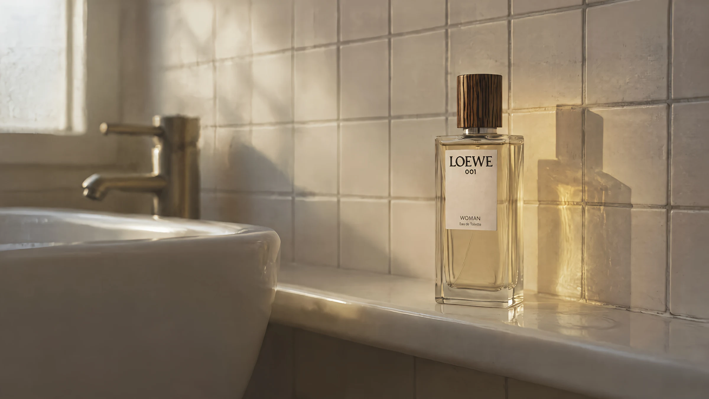 Clear perfume bottle with pale gold liquid on a bathroom shelf at dawn, window light casting a gold glow across white tiles