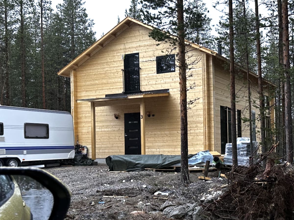 The log house part-built in the pine forest, spring 2023