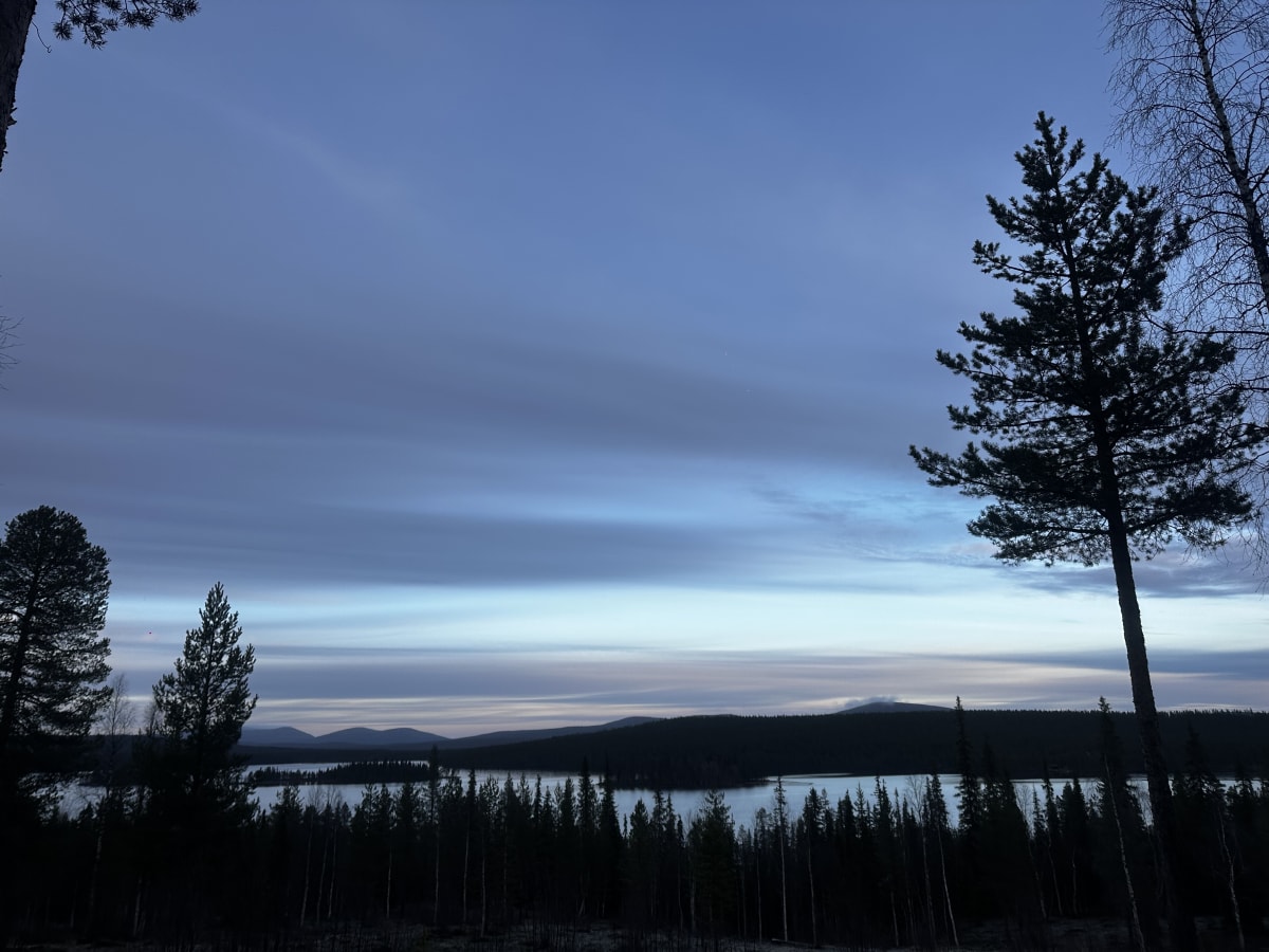 Blue dusk over a lake and pine forest near Levi in October