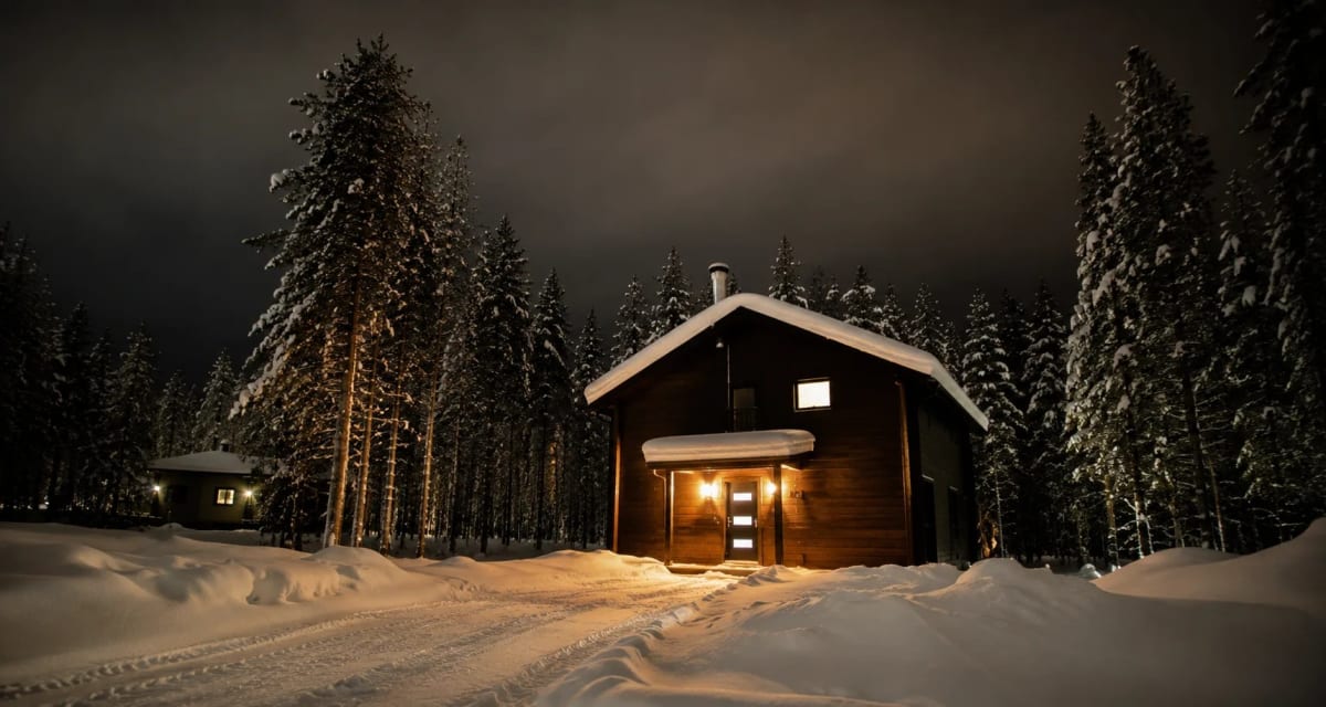 A lit log cabin among snow-laden pines on a winter night