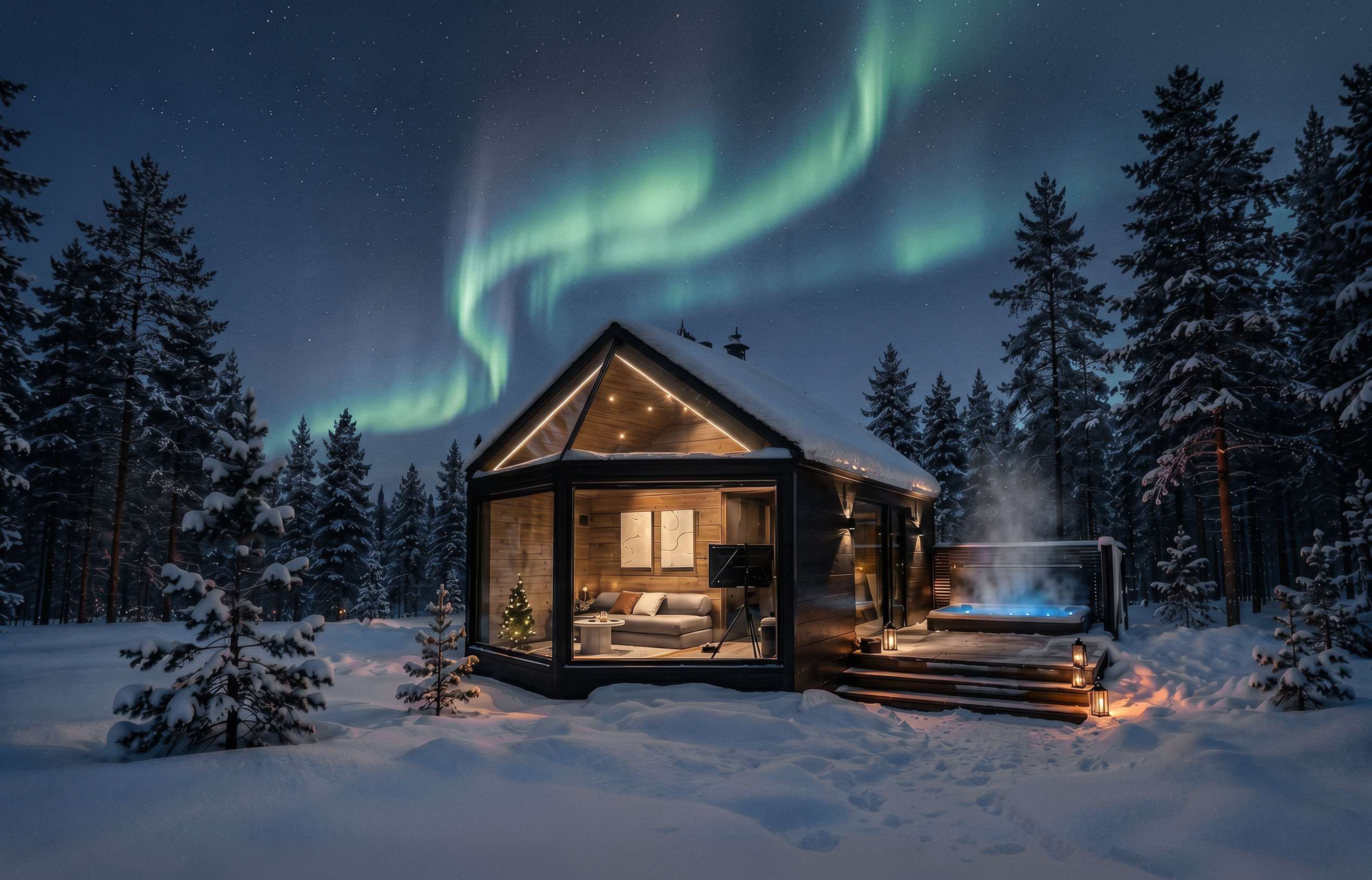 Glass igloos in the snow near Levi at dusk.