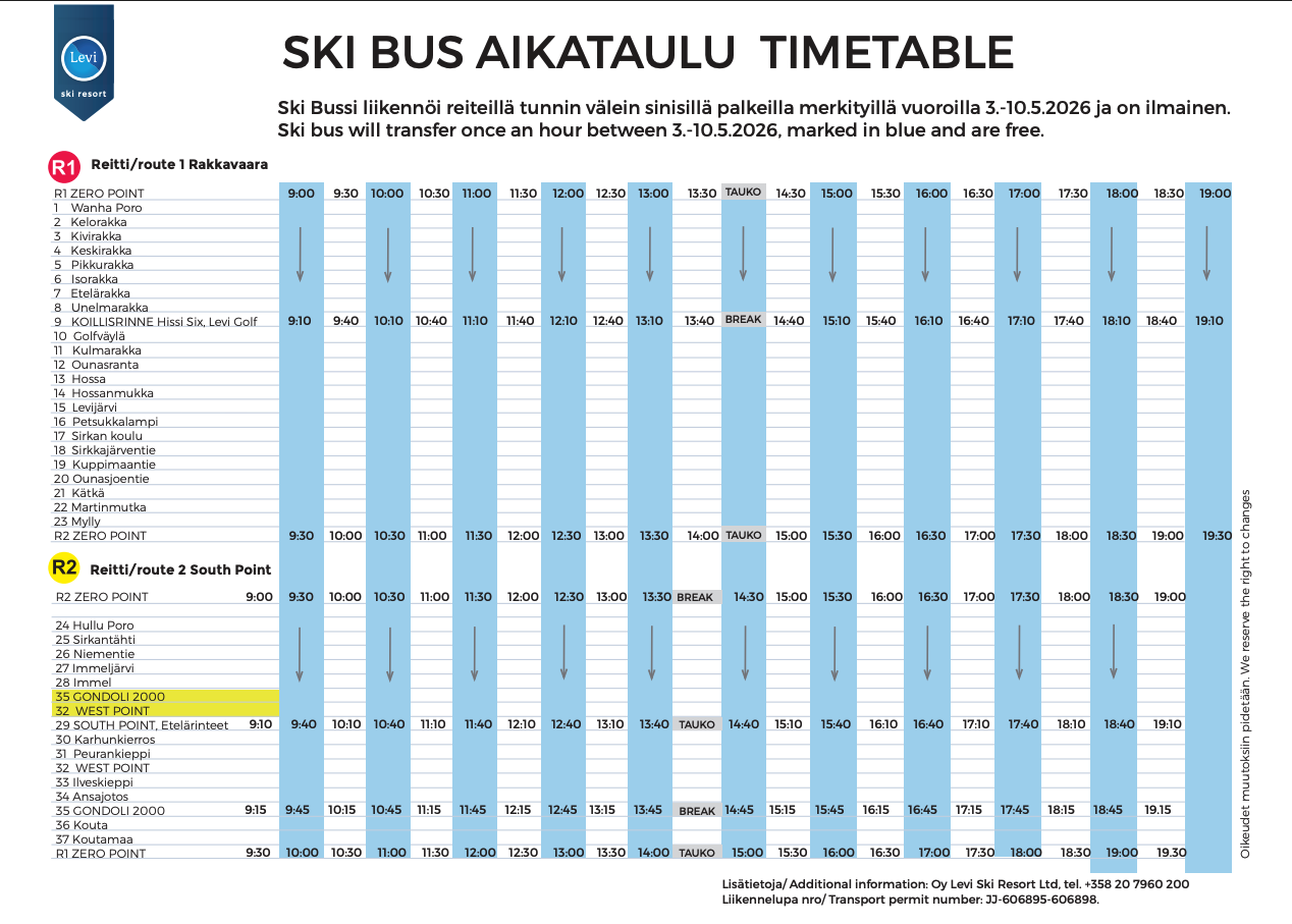 Levi ski bus timetable for the 2025-26 season, showing the R1 and R2 route lines, stop numbers and departure times