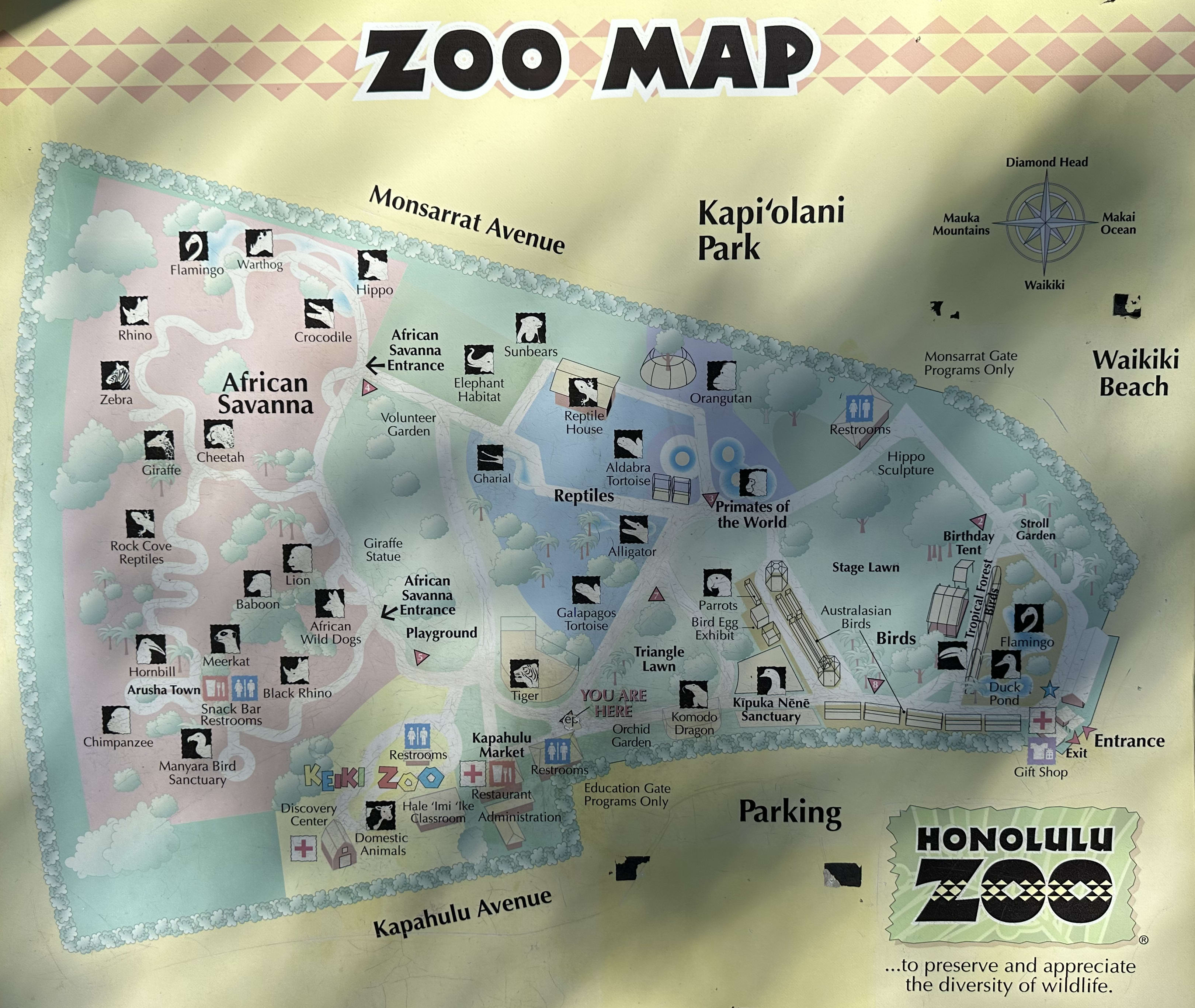 Map of the Honolulu Zoo showing all exhibit zones