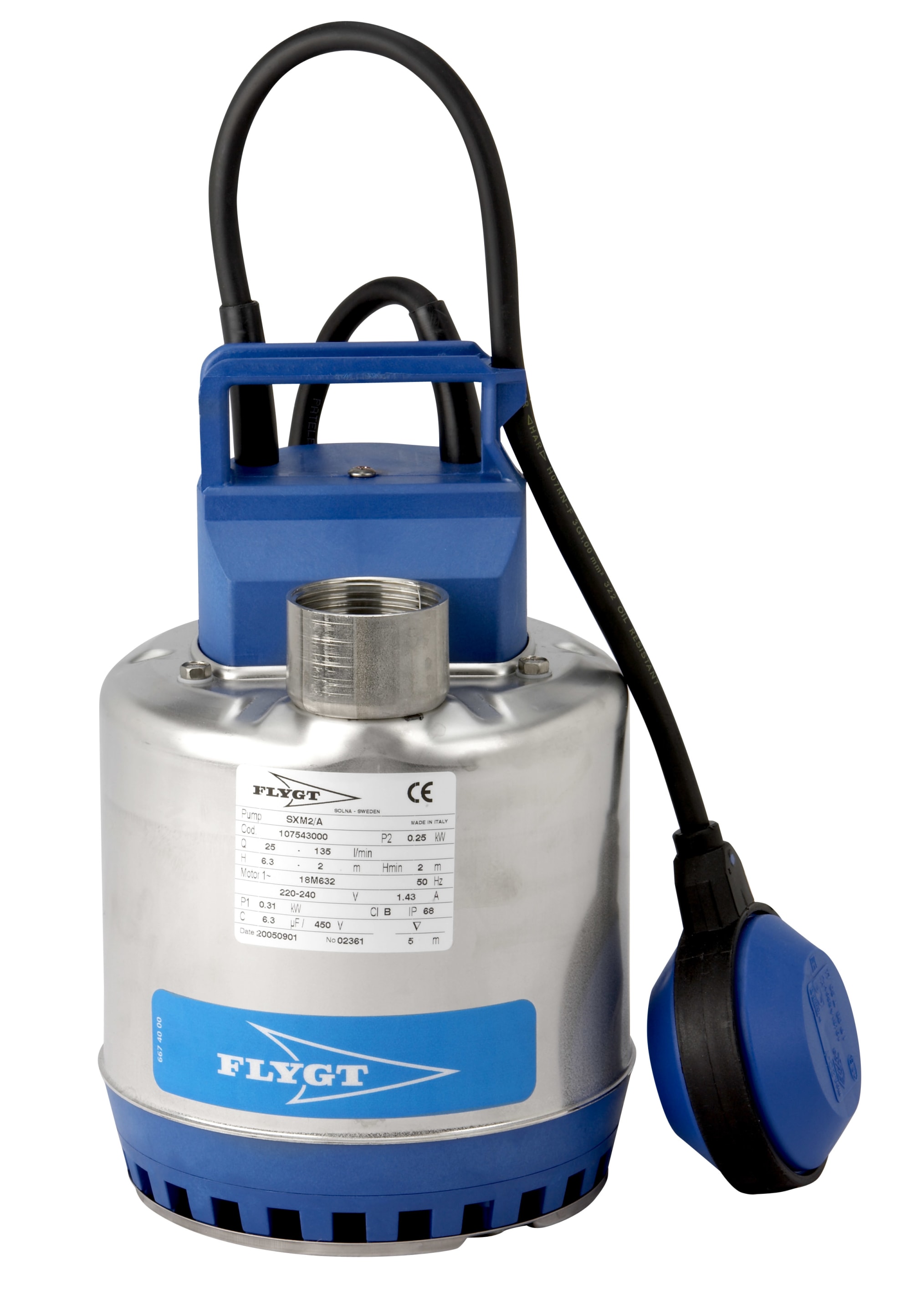 Flygt SXM 2 Dränkbar Länspump 0,25 kW med Nivåvippa i Rostfritt Stål