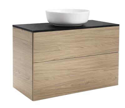 KOMMOD ISELLA 90 EK MED SVART BÄNKSKIVA OCH RUNT VIT MATT TVÄTTSTÄLL 42 CM