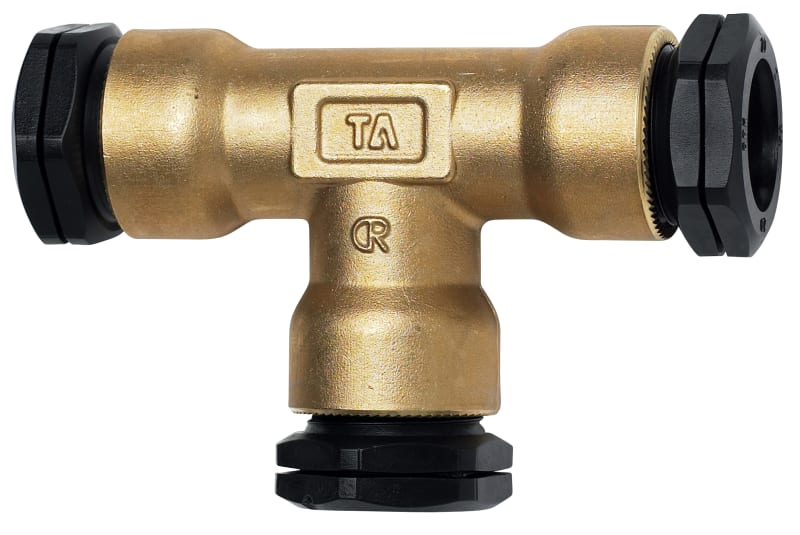 IMI Pneumatex T-koppling 25mm — framifrån med mässing och acetal