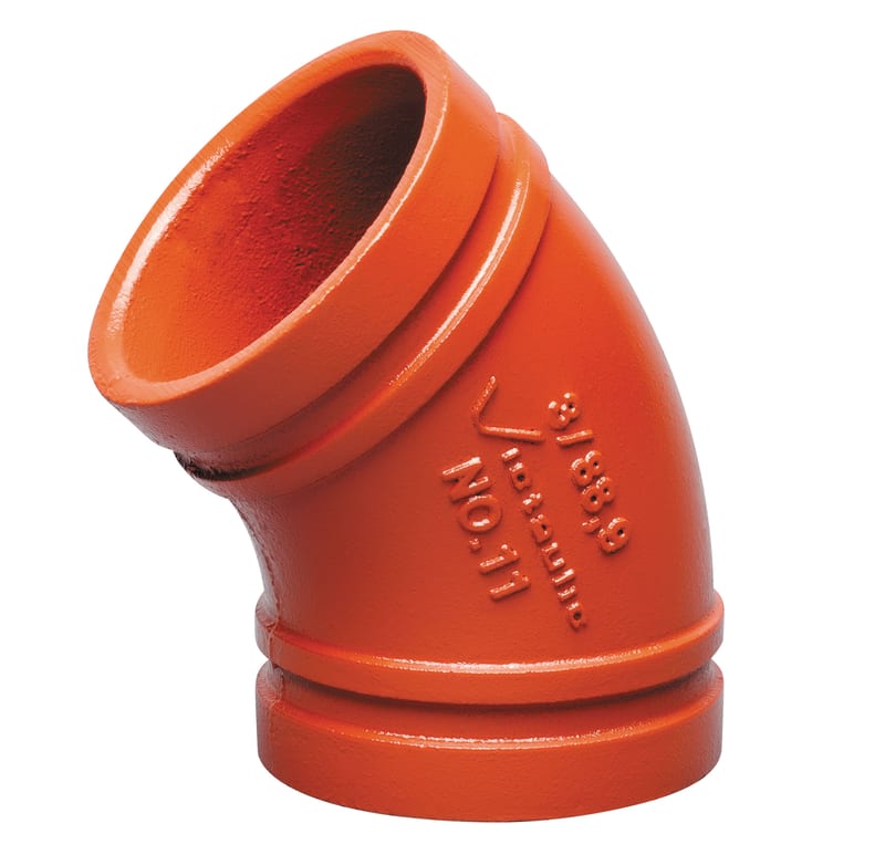 Victaulic segjärnsböj 273mm 45° — framifrån med orange färg