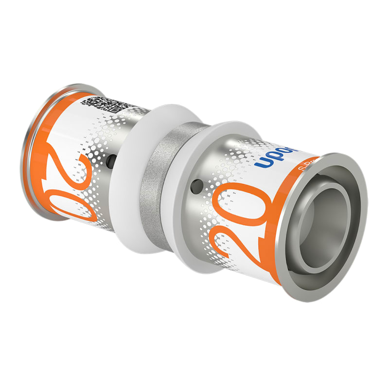 Uponor Skarvkoppling 20 mm — rak koppling framifrån med mässing och rostfritt stål, RSK 1899429