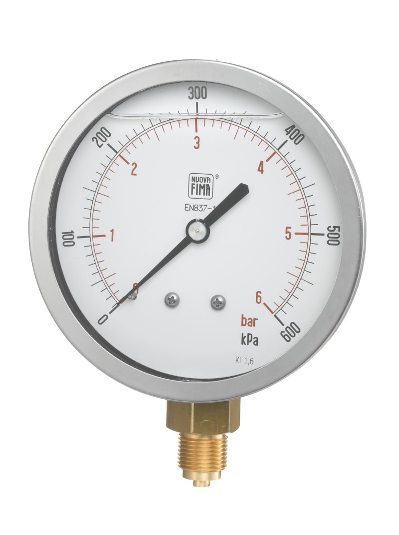 Beulco tryckmätare 100mm 0-4 bar rostfri mässing framifrån