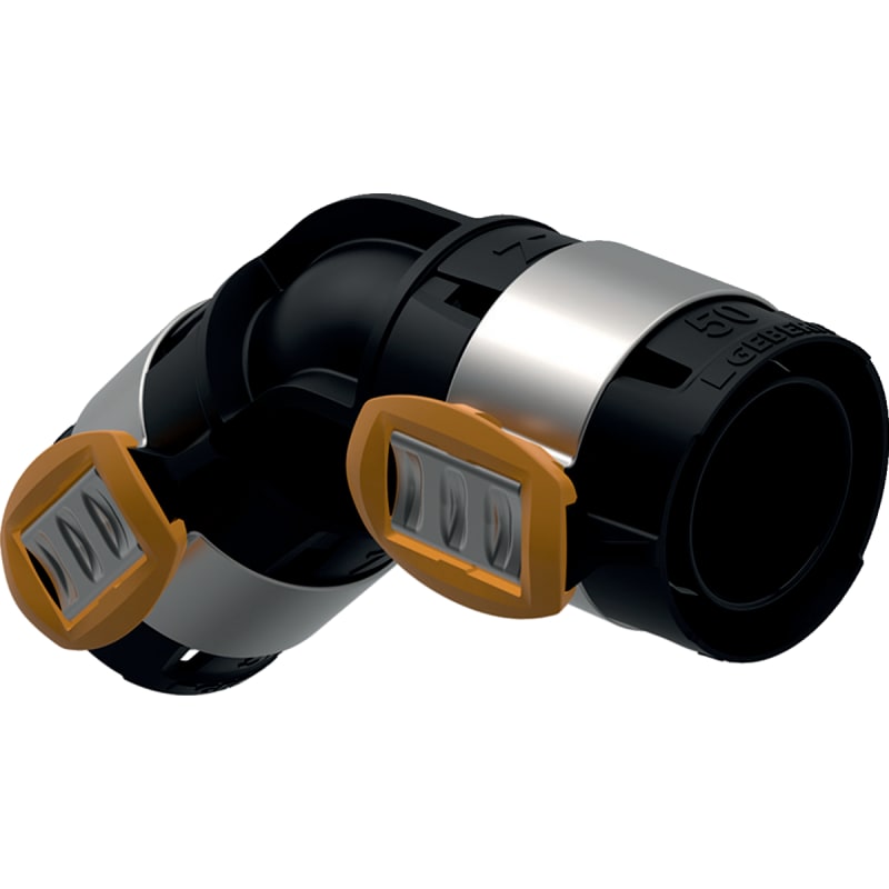 Geberit FlowFit böj 50mm PPSU svart/stål — framifrån